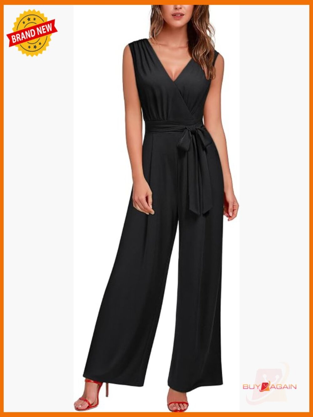 Sleeveless Deep V Neck Ruched Wide Leg Jumpsuit with Pockets Belt